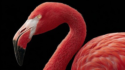 Close-up portrait of a brightly colored American flamingo against black background, showcasing feather details and unique beak shape