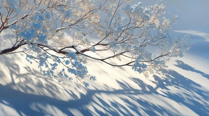Crisp winter scene showcases a tree branch laden with fresh snow casting long shadows across a snow covered ground