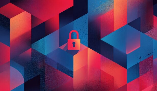 Digital Security Fortress: A vibrant abstract composition with geometric shapes surrounds a prominent padlock, symbolizing robust digital security and data protection. 