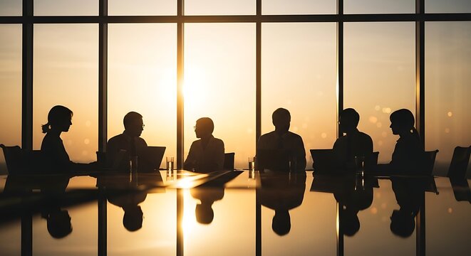 Silhouette of a diverse business team in a strategic boardroom meeting with a sunset view from the window - Powered by Adobe