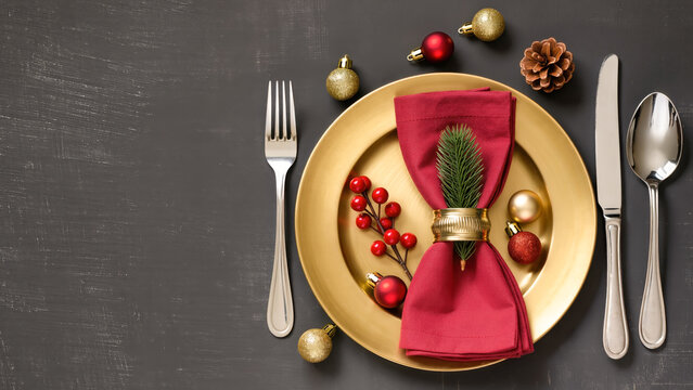 Christmas table setting with gold plate, red napkin, fir twig and festive decorations on dark background. Elegant holiday dinner concept. - Powered by Adobe
