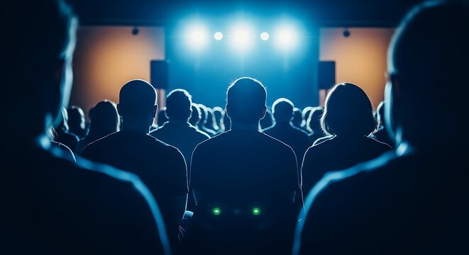 A vast audience, silhouetted against the powerful glow of stage spotlights, captures the collective experience and anticipation of a live performance or inspiring public event