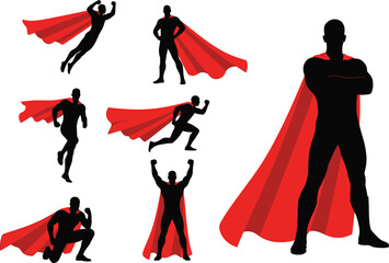 Collection of superhero silhouettes with red capes, man in action poses, flying, running, and standing, vector hero set, isolated.