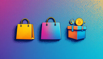Digital Shopping and Cryptocurrency Rewards Concept with Vibrant Bags and Bitcoin Gift Box on Gradient Background