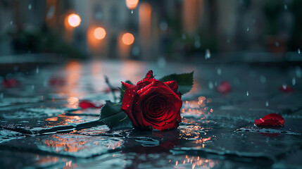 Single red rose with water droplets on wet stone surface with blurred bokeh lights in background single rose