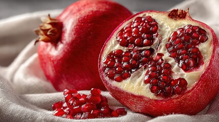 Close-up of ruby red Pomegranate fruit, one cut in half revealing the juicy arils, resting on a textured grey linen cloth