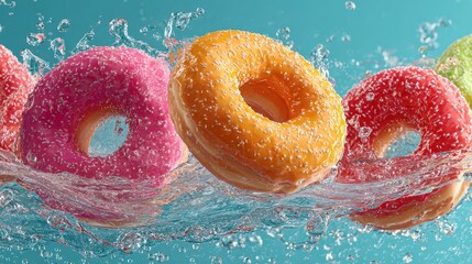Colorful donuts with water splashes in the air create a vibrant and tempting scene for delicious desserts