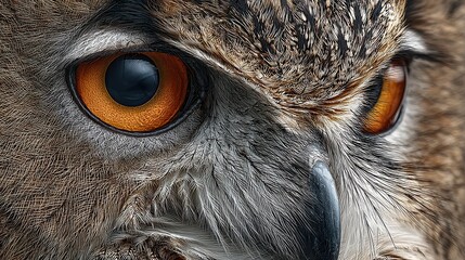 Close up of a Eurasian eagle-owl features striking orange eyes and detailed feather patterns, showcasing its intensity and wild beauty