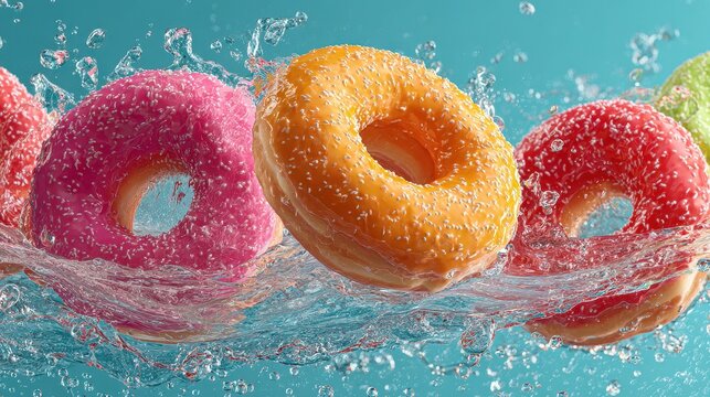 Colorful donuts with water splashes in the air create a vibrant and tempting scene for delicious desserts