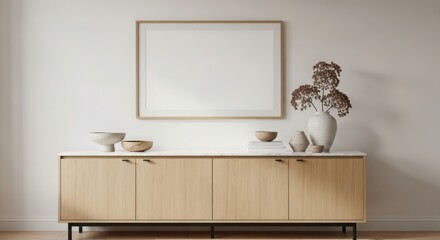 Modern living room credenza featuring a square mirror and artistic decor elements