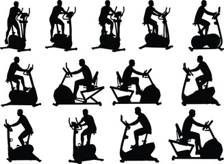 Collection of men silhouettes on exercise bikes, recumbent bikes, and elliptical trainers, vector icon set for gym and fitness, isolated.