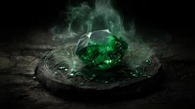 Mysterious emerald gemstone with green smoke on ancient stone altar