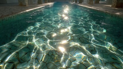 Underwater view of a mosaic tiled swimming pool with sunlight patterns