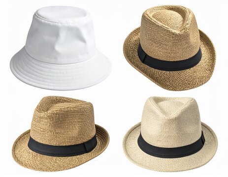 Four Different Hats a White Bucket Hat and Three Straw Fedoras with Black Bands