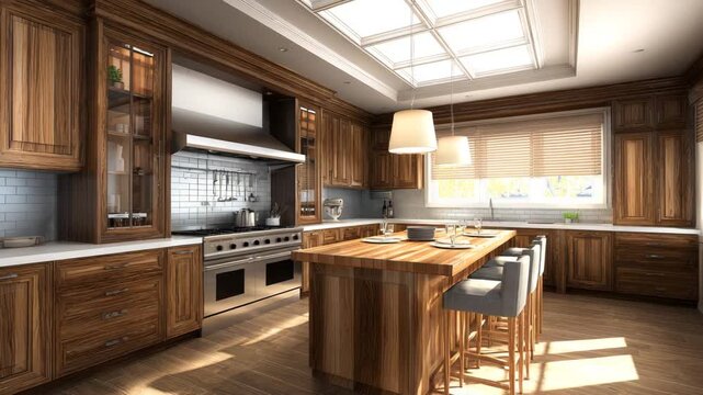 Modern kitchen design featuring wooden cabinetry and a large central island in bright, natural lighting