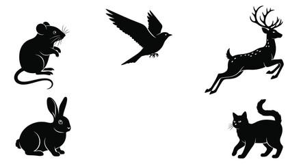 Black silhouettes of a mouse bird deer rabbit cat and animal