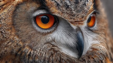 Close up of a Eurasian eagle-owl features striking orange eyes and detailed feather patterns, showcasing its intensity and wild beauty