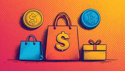 E-commerce, Cryptocurrency & Retail Shopping Concept with Gift Box and Vibrant Colors Illustration
