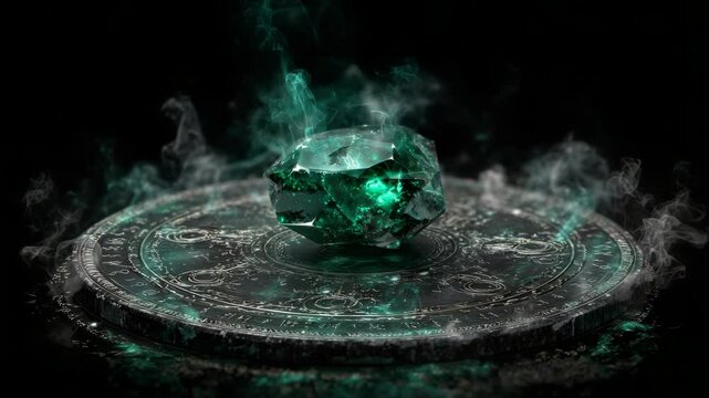 Glowing emerald crystal on mystical inscribed stone with smoke