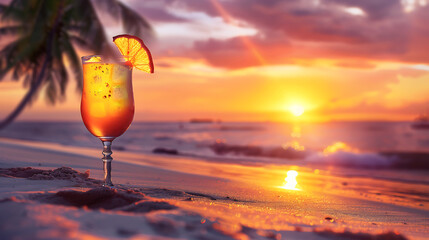 Tropical cocktail on sandy beach at sunset with palm tree silhouette drink