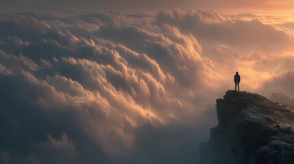 Person standing on the edge of a cliff overlooking a vast landscape filled with dramatic clouds at sunrise, evoking feelings of solitude