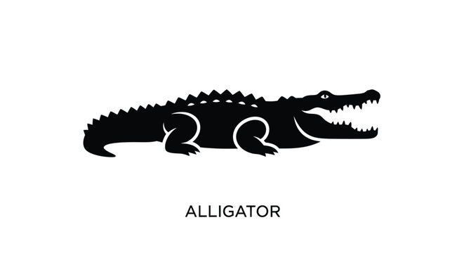 A simple black silhouette of an alligator resting on a white background