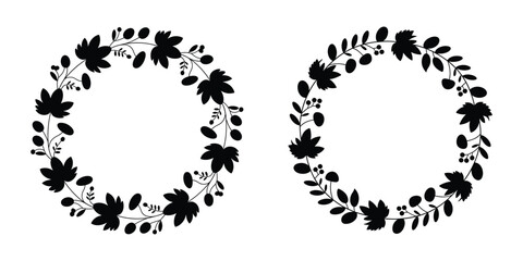 Two oval leafy wreaths silhouette vector isolated on white background