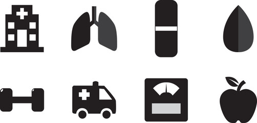 Health and wellness solid  icon set. solid  black  logo  design of hospital, heart, pill, weight scale, ambulance, apple, blood drop etc 