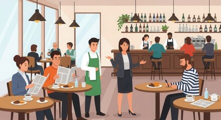 Vibrant cafe scene with diverse patrons enjoying coffee and conversations