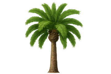 Palm tree with green leaves and brown trunk, standing tall, symbolising tropical travel, transparent background