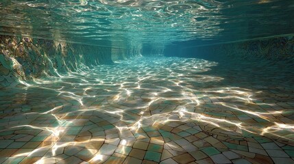 Underwater view of a mosaic tiled swimming pool with sunlight patterns