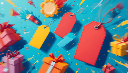 Festive Sale Party: Colorful Gift Boxes, Blank Price Tags, and Confetti on Vibrant Blue Background for Discounts