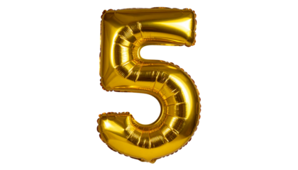 A shiny golden balloon shaped like the number 5 isolated on a white background, perfect for birthdays, celebrations, or party-themed designs.