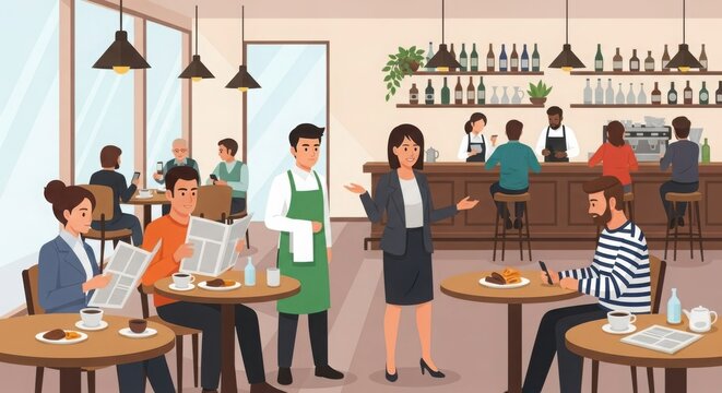 Vibrant cafe scene with diverse patrons enjoying coffee and conversations