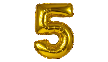 A shiny golden balloon shaped like the number 5 isolated on a white background, perfect for birthdays, celebrations, or party-themed designs.
