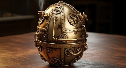Intricate steampunk egg sculpture featuring gears cogs and ornate metalwork on wooden surface