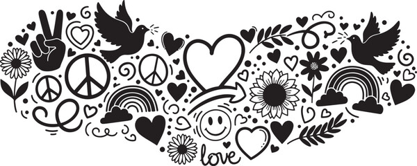 Peace and love design with heart flower and peace symbols