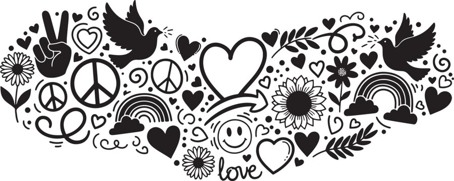 Peace and love design with heart flower and peace symbols