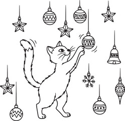 Playful cat reaching for Christmas ornaments vector illustration for design