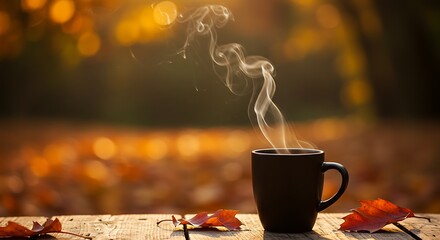 Cozy autumn morning scene with a steaming black mug of coffee or tea on a wooden surface with fall foliage