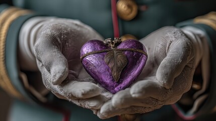 Person in uniform holds ornate antique heart pendant with white gloved hands