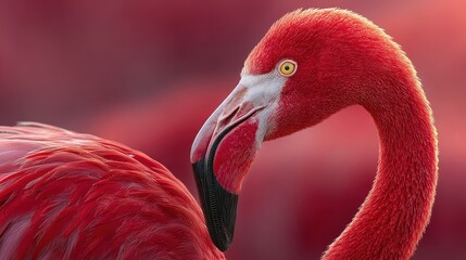 Close-up portrait of a brightly colored American flamingo against black background, showcasing feather details and unique beak shape