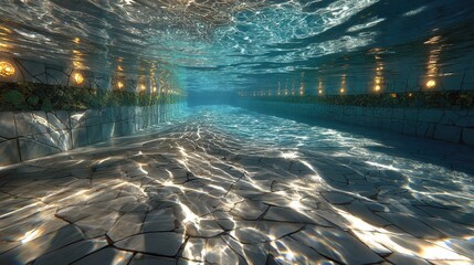 Underwater view of a mosaic tiled swimming pool with sunlight patterns