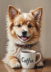 Painting of a cute dog with a coffee mug