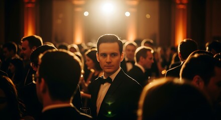 Elegant man in a tuxedo at a formal event, surrounded by a crowd