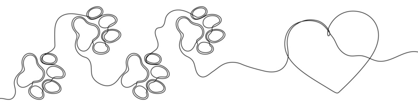 Four animal paw prints and a heart outline, drawn with one continuous line. Symbol of domestic pets, love, animal protection, and veterinary care. Vector illustration.