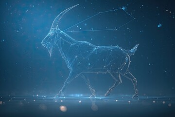 A celestial goat constellation walks across a shimmering surface against a blue cosmic background
