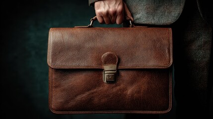 Man in grey suit carrying a vintage brown leather briefcase, symbolizing business and finance