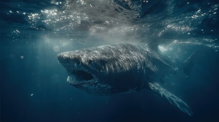 Basking Shark Opens its Mouth While Swimming Underwater Near the Surface
