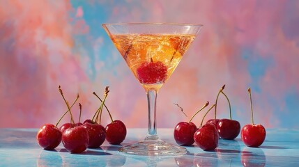 Martini glass with cherry against vibrant background and cherries on table